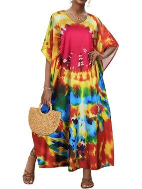 Women's Red Spiral Print Plus Size V Neck Caftan Long Batwing Sleeve Cover Up